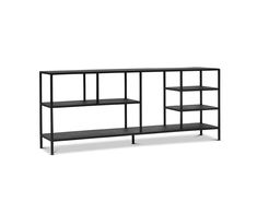 a black shelf with three shelves on each side