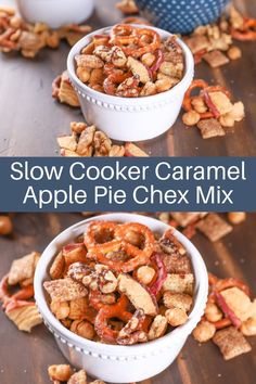 two white bowls filled with homemade slow cooker caramel apple pie chex mix