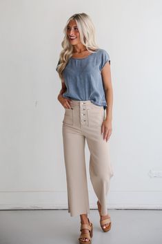 You'll always look top tier whenever you slip on the Perfected Aesthetic Tan Wide Leg Jeans! These women's jeans are designed with a flattering high-rise waist that cinches your silhouette, while the wide leg cut flows elegantly to create a relaxed yet polished look. The rich tan hue offers a versatile alternative to traditional denim, making these jeans a standout piece in any wardrobe. Crafted from soft, sturdy fabric with just the right amount of stretch, these jeans ensure all-day comfort wi Tan Wide Leg Pants Outfit, Tan Wide Leg Pants, Aesthetic Tan, Wide Leg Pants Outfit, Tan Jeans, Relaxed Outfit, Casual Work Outfits, Wide Pants, Casual Work