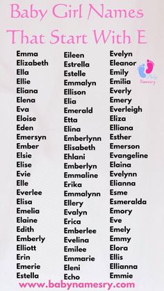 the baby girl names that start with e are shown in pink and black on a white background