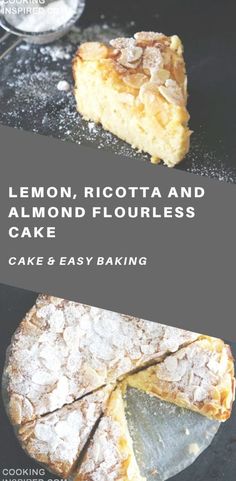 lemon ricotta and almond flourless cake on a black plate with the words, lemon ricotta and almond flourless cake