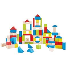 the wooden building blocks are colorfully arranged