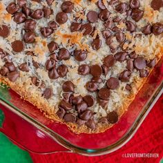 a casserole dish with chocolate chips on top