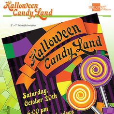 an advertisement for halloween candy land with two lollipops