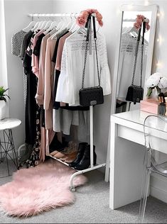 Organize Wardrobe Closet Open Closet with Cute Pink Carpet in Front