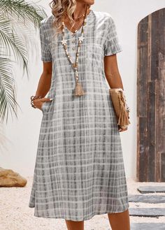 Casual Dresses With Geometric Pattern, Casual Gray Buttoned Dress, Casual Gray Dresses With Buttons, Casual Gray Dress With Buttons, Neck Dress, Light Grey, Split, A Line, Plaid