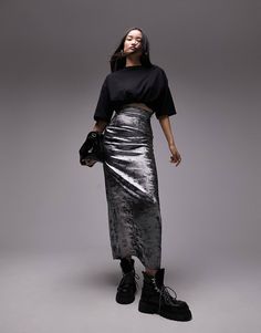 Topshop metallic super high waist maxi skirt in silver | ASOS Danielle Zaslavsky, Silver Skirt Outfits, Rock Street Style, High Waist Maxi Skirt, Bar Outfit, Mum Fashion, High Waisted Maxi Skirt