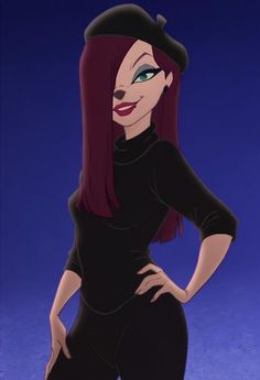 an animated woman with long red hair and green eyes wearing a black outfit, standing in front of a blue background