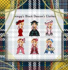 a cross stitch pattern with four different people on it, and the words ninja's black dragon's clothes