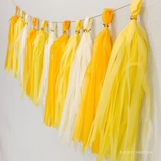 yellow and white tassels hanging from a line on a wall in front of a white wall