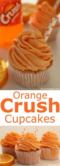 orange crush cupcakes with frosting and an orange slice