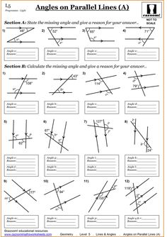 the angles on parallel lines worksheet is shown in black and white, as well as