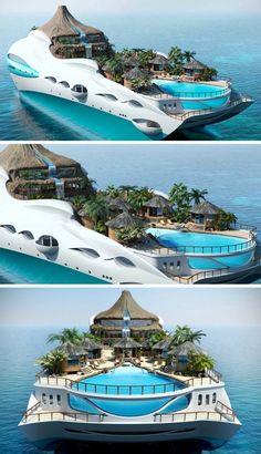 the floating house in the middle of the ocean is made out of water and palm trees