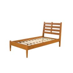 a wooden bed frame with slats on the top and bottom sides, against a white background