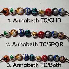 three bracelets with different designs and colors on each bead, along with the names of each item