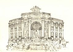 a drawing of a fountain in front of a large building with statues on the sides