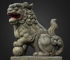 a stone lion statue with its mouth open