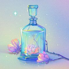 there is a glass bottle with flowers in it