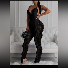 Black Lace Jumpsuit Super Sexy And Cute! Has Stretch! Great New Year’s Outfit! Fitted Party Bottoms With Lined Body, Chic High Waist Bodysuit For Party, Chic Party Bodysuit With Lined Body, Black Sleeveless Flirty Jumpsuit, Black Sleeveless Flirty Jumpsuits And Rompers, Flirty Backless Bodysuit For Party, Sleeveless Black Glamorous Bodysuit, Flirty Backless Party Bodysuit, Glamorous Black Sleeveless Bodysuit