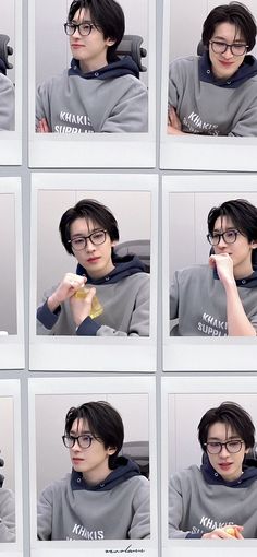 many pictures of a person with glasses eating food