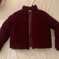 Fresh Never Worn Burgundy Winter Outerwear With Zipper Closure, Burgundy Zipper Closure Outerwear For Winter, Red Puffer Jacket With Zipper For Fall, Red Puffer Jacket With Zipper Closure For Fall, Velvet Puffer Jacket, Puffer Jacket, Pink Red, Puffer, Jackets For Women