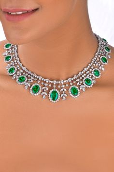 925 sterling silver necklace embellished with white Swarovski zirconia and oval shaped man-made green emeralds. - Aza Fashions Necklaces Choker, Paris Jewelry, Jewellery Necklaces, Sterling Silver Necklace, Aza Fashion, Sterling Silver Necklaces, Online Jewelry, Emerald Green, Bridal Jewelry