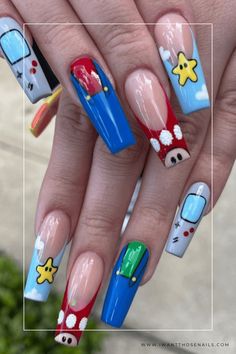 Acrylic Super Mario Nails Princess Peach Acrylic Nails, Super Mario Bro Nails, Super Mario Nails Princess Peach, Mario Bro Nails, Super Mario Bros Nail Art, Acrylic Nails Cartoon Art Designs, Mario Cart Nails, Fun Nails Simple, Cartoon Acrylic Nail Designs