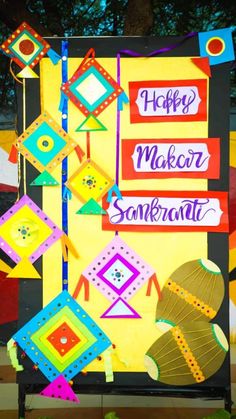 a sign that has been decorated with colorful kites