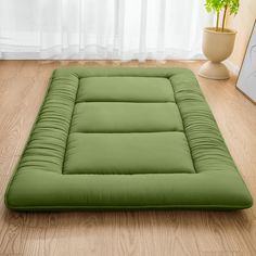 a green futon mattress sitting on top of a wooden floor next to a potted plant