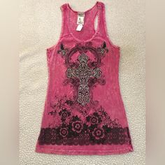 Vocal Women's Pink Tank Top With Cross & Rhinestones. Size Large. New! Pink Fitted Tops With Rhinestones, Fitted Pink Tops With Rhinestones, Spring Pink Rhinestone Tops, Casual Pink Embellished Tops, Casual Pink Tops With Rhinestones, Summer Pink Tops With Rhinestones, Agejo Gyaru, Outfits Jewelry, 2000s Tops