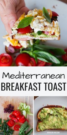 the collage shows different types of sandwiches and salads with text overlay that reads mediterraneanan breakfast toast