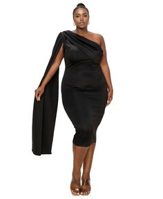 in stock Black Cocktail Dress For Wedding Plus Size, Plus Size Cocktail Attire Black, Black Coctail Dresses Plus Size, Party Outfit Plus Size Night, One Shoulder Cape Dress, Shoulder Cape Dress, Party Outfit Plus Size, One Shoulder Cape, Elegant Cape