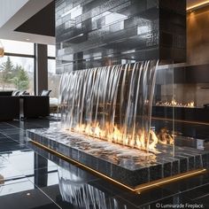 a large fire place in the middle of a room