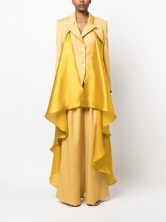 Gaby Charbachy Draped Peak Collar Suit - Farfetch Elegant Yellow Pantsuit For Formal Occasions, Elegant Fitted Yellow Pantsuit, Elegant Tailored Yellow Sets, Elegant Yellow Pantsuit For Spring, Ochre Yellow, Drape Panel, Avant Garde Fashion, Suit Designs, Fashion Branding