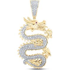 GND 10K Yellow Gold 45mm Dragon Pendant with Prong-Set Round Diamonds and Bezel-Set Ruby Eye - 0.65 Carat Total Gem Weight Diamond Dragon, Gold Dragon, Dragon Pendant, Dragon Design, Natural Ruby, Exquisite Jewelry, Round Diamond, Prong Setting, Charm Pendant