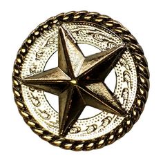 a gold colored metal star on a white background with braided rope around it's center