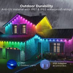 an image of a house that is lit up with colorful lights and waterproof ratingss