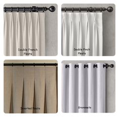 four different types of curtains with names on them