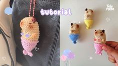 crocheted stuffed animals hanging from the handles of purses