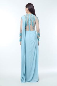 Blue pre-draped saree gown featuring cut work flower, bead, sequin embellishment. - Aza Fashions Draped Saree Gown, Gowns Blue, Saree Gowns, Draped Saree, Saree Gown, Sequin Embellishment, Drape Saree, V Cuts, Cut Work