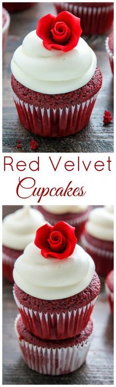 red velvet cupcakes with white frosting and a rose on top