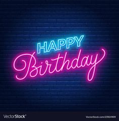 happy birthday neon sign on brick wall with blue and pink lights in the dark room