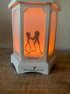 a lit up lantern with the silhouettes of two people holding hands