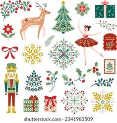 an assortment of christmas items and decorations on a white background, including a nutcracker