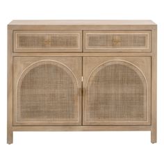 the sideboard is made from wood and has two wicker doors, one with an arched