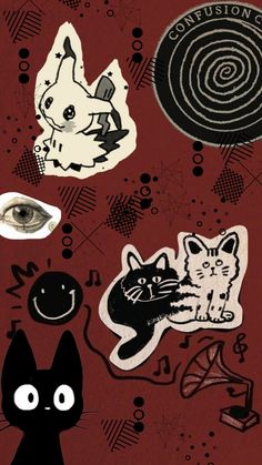 various stickers on a red background with black and white cats, an eye, and circles