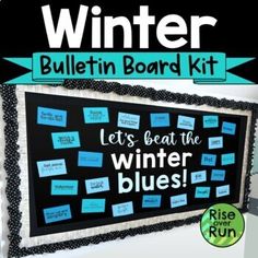 a bulletin board with blue notes on it and the words, winter bulletin board kit let's beat the winter blues