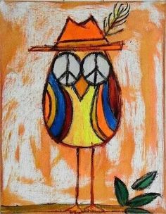 a painting of an owl wearing a hat and holding a branch in its beak with leaves on it