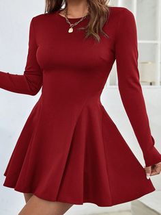 Rojo Casual Collar manga larga Tela tejida Liso A línea Embellished Elástico Ligero Elegant Dresses Short, Dress Elegant Long, Dress For Spring, Flare Mini Dress, Mini Dresses For Women, Ruffle Hem Dress, Knee Dress, Slim Dresses, Inspiration Mode