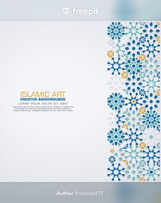 an islamic art card with blue and yellow flowers on it, in the middle of a white